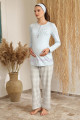 Mavi Renk BAHA 4425 Uzun Kol 3lü ve Ekose Sabahlıklı Hamile Pijama Takım Set, BaHa-Mavi-4425, Lohusa - Hamile Pijama Takımları
