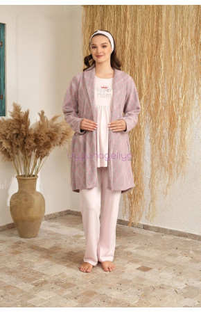 Bebe Pembe Renk BAHA 4414 Uzun Kol 3'lü ve Ekose Sabahlıklı Hamile Pijama Takım Set