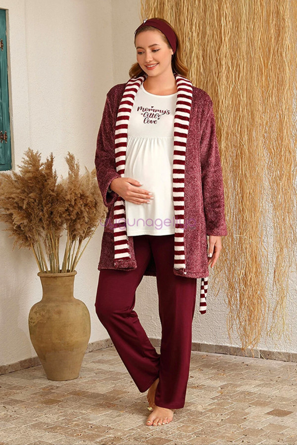 Bordo Renk BAHA 4419 Uzun Kol 3lü ve Wellsoft Sabahlıklı Hamile Pijama Takım Set, BaHa-Bordo-4419, Lohusa - Hamile Pijama Takımları