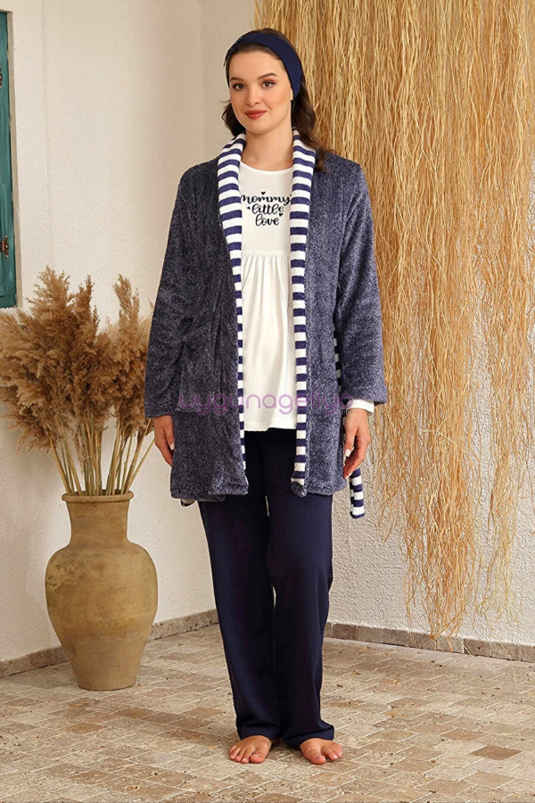 Lacivert Renk BAHA 4419 Uzun Kol 3lü ve Wellsoft Sabahlıklı Hamile Pijama Takım Set, BaHa-LAcivert-4419, Lohusa - Hamile Pijama Takımları