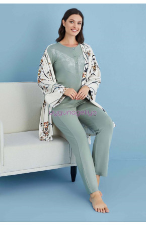 Yeşil Renk Tuba 23554 Uzun Kol Dantel Detaylı 3 lü ve Sabahlıklı Hamile Pijama Takım Set