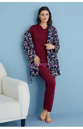 Bordo Renk Tuba 23569 Uzun Kol Dantel Detaylı 3 lü ve Sabahlıklı Hamile Pijama Takım Set