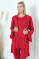 Kırmızı Renk Erdeniz 3391 Uzun Kol Dantel Detaylı 3 lü ve Sabahlıklı Hamile Pijama Takımı-Erdeniz