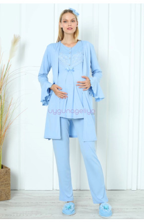 Bebe Mavi Renk Erdeniz 3391 Uzun Kol Dantel Detaylı 3 lü ve Sabahlıklı Hamile Pijama Takımı