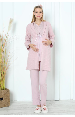 Pudra Renk Erdeniz 3392 Uzun Kol Dantel Detaylı 3 lü ve Sabahlıklı Hamile Pijama Takımı