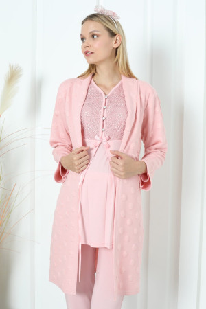 Somon Renk Erdeniz 3392 Uzun Kol Dantel Detaylı 3 lü ve Sabahlıklı Hamile Pijama Takımı