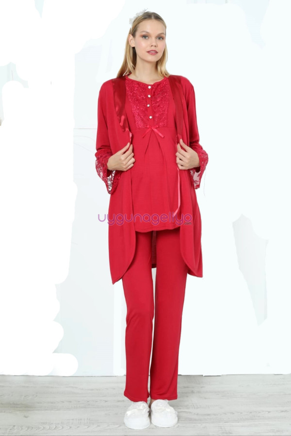 Kırmızı Renk Erdeniz 3393 Uzun Kol Dantel Detaylı 3 lü ve Sabahlıklı Hamile Pijama Takımı-Erdeniz