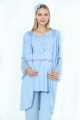 Mavi Renk Erdeniz 3393 Uzun Kol Dantel Detaylı 3 lü ve Sabahlıklı Hamile Pijama Takımı-Erdeniz