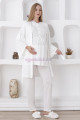 Ekru Renk Dantel Detaylı Derin Patlı, Erdeniz 3420 Uzun Kol ve Sabahlıklı 3lü Lohusa Pijama Takımı, 8509990003012, Lohusa - Hamile Pijama Takımları, 8509990003012