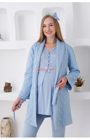 Mavi Renk Dantel Detaylı Derin Patlı, Erdeniz 3421 Kışlık Wellsoft Sabahlıklı Hamile Pijama Takımı