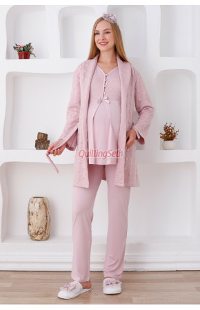 Pudra Renk Dantel Detaylı Derin Patlı, Erdeniz 3421 Kışlık Wellsoft Sabahlıklı Hamile Pijama Takımı