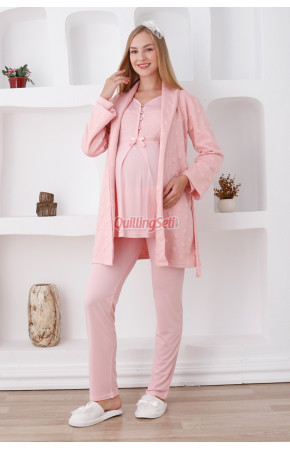 Somon Renk Dantel Detaylı Derin Patlı, Erdeniz 3421 Kışlık Wellsoft Sabahlıklı Hamile Pijama Takımı