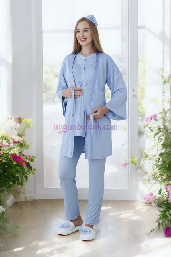 Mavi Renk Dantel Detaylı Derin Patlı, Erdeniz 3420 Uzun Kol ve Sabahlıklı 3lü Lohusa Pijama Takımı, 8509990003050, Lohusa - Hamile Pijama Takımları, 8509990003050