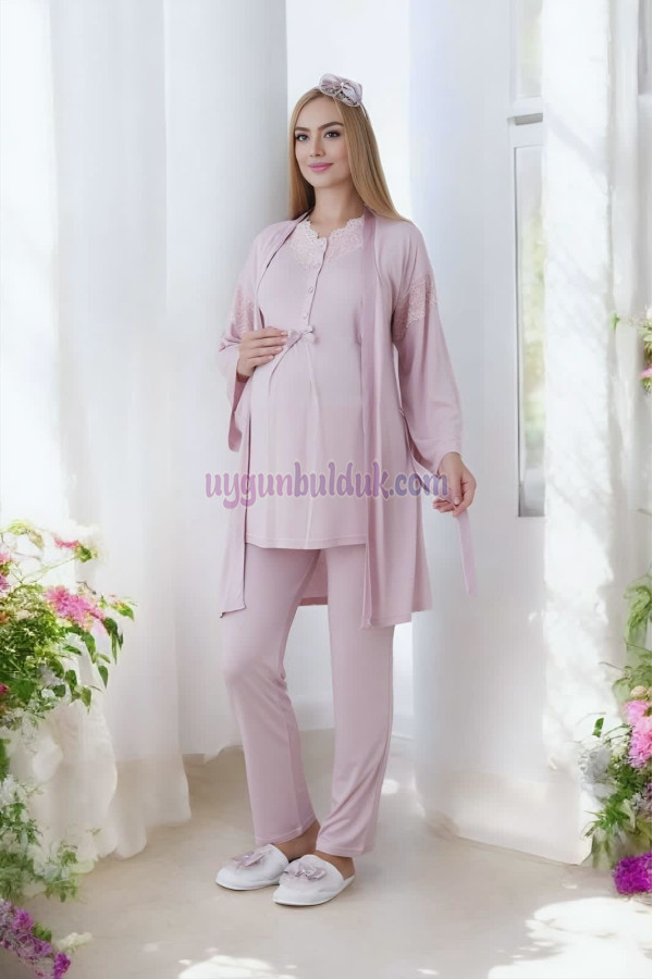 Pudra Renk Dantel Detaylı Derin Patlı, Erdeniz 3420 Uzun Kol ve Sabahlıklı 3lü Lohusa Pijama Takımı, 8509990003135, Lohusa - Hamile Pijama Takımları, 8509990003135