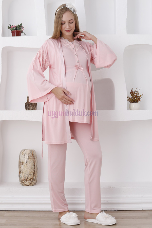 Somon Renk Dantel Detaylı Derin Patlı, Erdeniz 3420 Uzun Kol ve Sabahlıklı 3lü Lohusa Pijama Takımı, 8509990003173, Lohusa - Hamile Pijama Takımları, 8509990003173