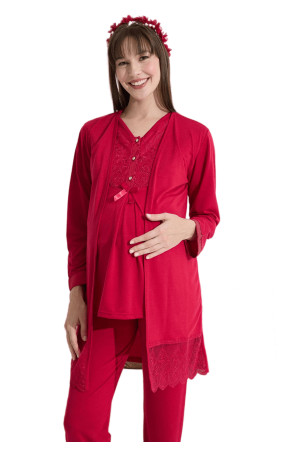 Kırmızı Renk Erdeniz 3383 Kısa Kol Dantel Detaylı 3 lü ve Sabahlıklı Hamile Pijama Takımı