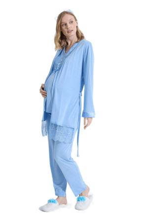 Mavi Renk Erdeniz 3383 Kısa Kol Dantel Detaylı 3 lü ve Sabahlıklı Hamile Pijama Takımı