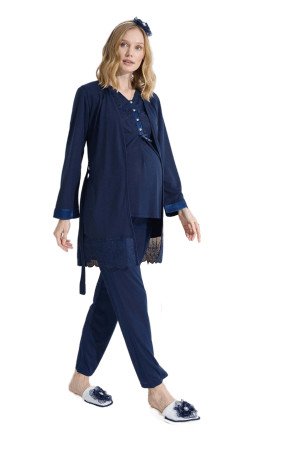 Lacivert Renk Erdeniz 3383 Kısa Kol Dantel Detaylı 3 lü ve Sabahlıklı Hamile Pijama Takımı