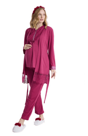 Bordo Renk Erdeniz 3383 Kısa Kol Dantel Detaylı 3 lü ve Sabahlıklı Hamile Pijama Takımı