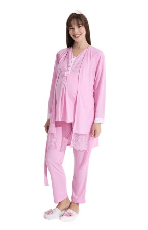 Pembe Renk Erdeniz 3383 Kısa Kol Dantel Detaylı 3 lü ve Sabahlıklı Hamile Pijama Takımı