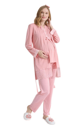 Somon Renk Erdeniz 3383 Kısa Kol Dantel Detaylı 3 lü ve Sabahlıklı Hamile Pijama Takımı