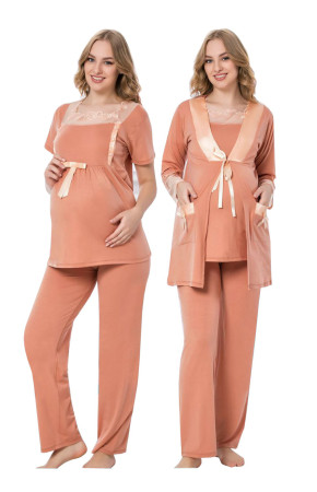 Turuncu Renk, Kısa Kol, Dantel Detaylı, Sabahlıklı Lohusa Hamile Pijama Takımı Jenika 35697