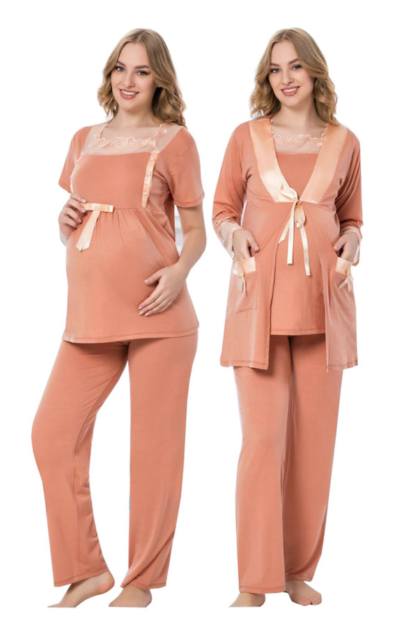 Turuncu Renk, Kısa Kol, Dantel Detaylı, Sabahlıklı Lohusa Hamile Pijama Takımı Jenika 35697, Jenika-35697, Lohusa - Hamile Pijama Takımları