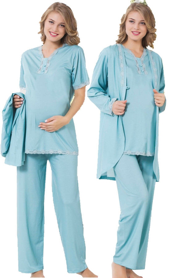 Yeşil Renk, Kısa Kol, Dantel Detaylı, Sabahlıklı Lohusa Hamile Pijama Takımı Jenika 23229, Jenika-23229, Lohusa - Hamile Pijama Takımları