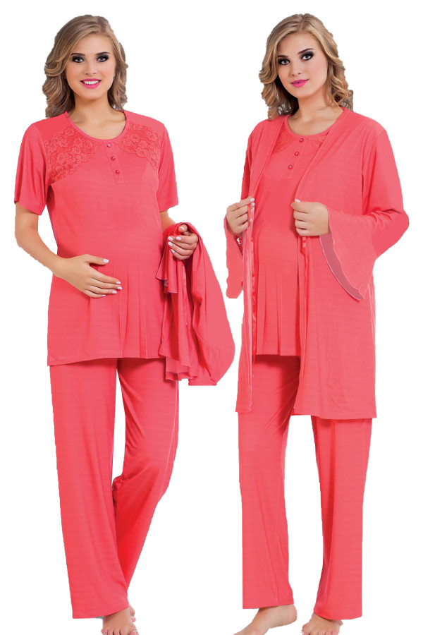 Nar Çiçeği Renk Kısa Kol Dantel Detaylı Sabahlıklı Lohusa Hamile Pijama Takımı Jenika 23244, Jenika-23244, Lohusa - Hamile Pijama Takımları