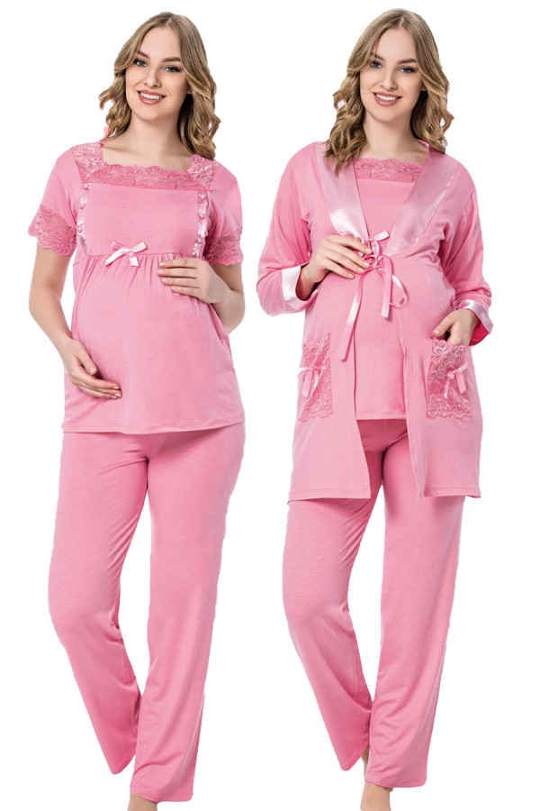 Pembe Renk, Kısa Kol, Dantel Detaylı, Sabahlıklı Lohusa Hamile Pijama Takımı Jenika 35757, Jenika-35757, Lohusa - Hamile Pijama Takımları
