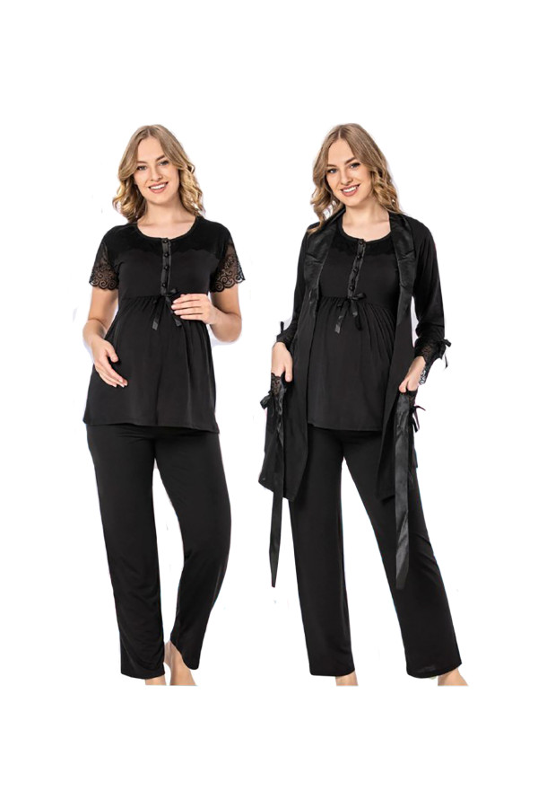 Siyah Renk, Kısa Kol, Dantel Detaylı, Sabahlıklı Lohusa Hamile Pijama Takımı Jenika 35775, ELIT085035775M, Lohusa - Hamile Pijama Takımları, ELIT085035775M