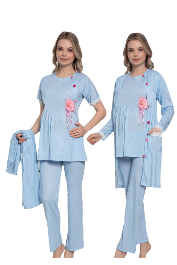 Bebe Mavisi Renk Kısa Kol Dantel Detaylı Sabahlıklı Lohusa Hamile Pijama Takımı Jenika 51359-Jenika