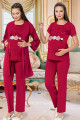 Bordo Renk, Kısa Kol, Dantel Detaylı, Sabahlıklı Lohusa Hamile Pijama Takımı Jenika 51693, Jenika-51693, Lohusa - Hamile Pijama Takımları