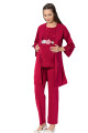 Bordo Renk, Kısa Kol, Dantel Detaylı, Sabahlıklı Lohusa Hamile Pijama Takımı Jenika 51693, Jenika-51693, Lohusa - Hamile Pijama Takımları