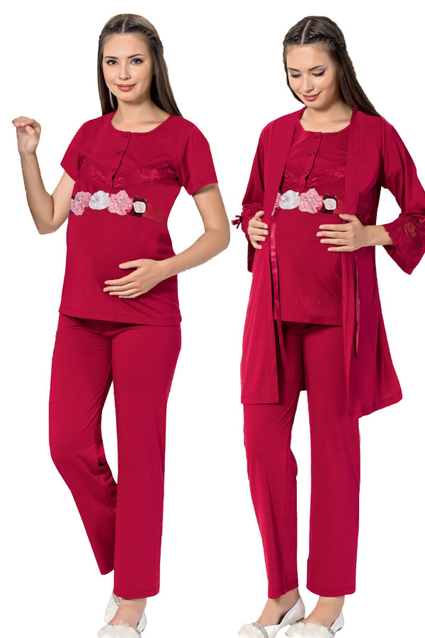 Bordo Renk, Kısa Kol, Dantel Detaylı, Sabahlıklı Lohusa Hamile Pijama Takımı Jenika 51693, Jenika-51693, Lohusa - Hamile Pijama Takımları
