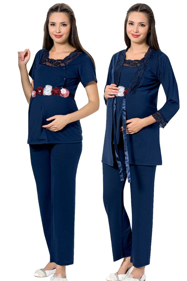 Lacivert Renk Kısa Kol Dantel Detaylı Sabahlıklı Lohusa Hamile Pijama Takımı Jenika 51698, Jenika-51698, Lohusa - Hamile Pijama Takımları