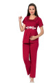 Bordo Renk Kısa Kol Dantel Detaylı Sabahlıklı Lohusa Hamile Pijama Takımı Jenika 51699, Jenika-51699, Lohusa - Hamile Pijama Takımları