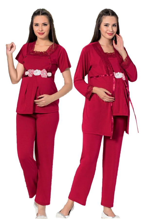 Bordo Renk Kısa Kol Dantel Detaylı Sabahlıklı Lohusa Hamile Pijama Takımı Jenika 51699, Jenika-51699, Lohusa - Hamile Pijama Takımları