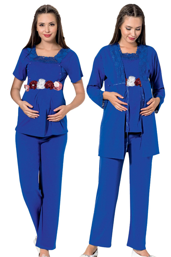 Mavi Renk, Kısa Kol, Dantel Detaylı, Sabahlıklı Lohusa Hamile Pijama Takımı Jenika 51700, Jenika-51700, Lohusa - Hamile Pijama Takımları