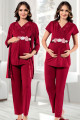 Bordo Renk, Kısa Kol, Dantel Detaylı, Sabahlıklı Lohusa Hamile Pijama Takımı Jenika 51708, Jenika-51708, Lohusa - Hamile Pijama Takımları