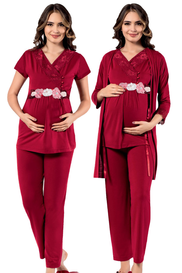 Bordo Renk, Kısa Kol, Dantel Detaylı, Sabahlıklı Lohusa Hamile Pijama Takımı Jenika 51708, Jenika-51708, Lohusa - Hamile Pijama Takımları