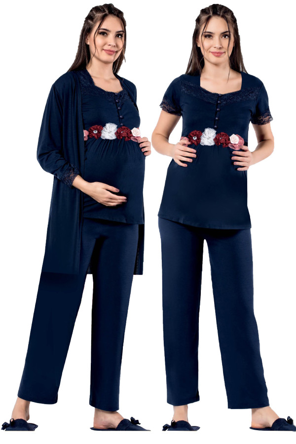 Lacivert Renk Kısa Kol Dantel Detaylı Sabahlıklı Lohusa Hamile Pijama Takımı Jenika 51719, Jenika-51719, Lohusa - Hamile Pijama Takımları