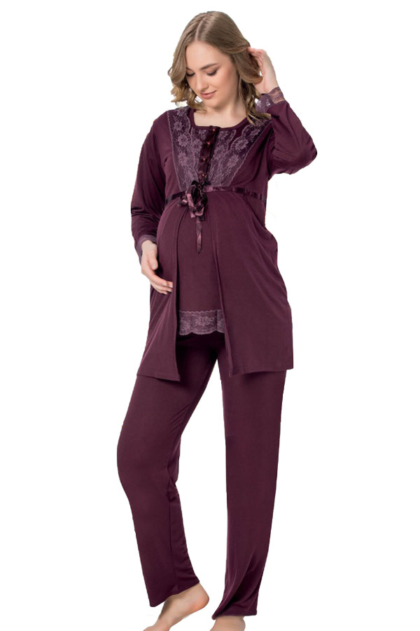 Mürdüm Renk, Kısa Kol, Dantel Detaylı, Sabahlıklı Lohusa Hamile Pijama Takımı Jenika 35766, Jenika-35766, Lohusa - Hamile Pijama Takımları