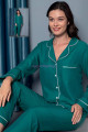 Koyu Yeşil Renk Önden Düğmeli Teknur 2476 Dokuma Kumaş  Uzun Kol Kadın Pijama Takımı-Teknur