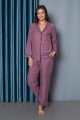 Gül Kurusu Renk Önden Düğmeli Teknur 2477 Dokuma Kumaş  Uzun Kol Kadın Pijama Takımı