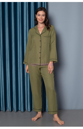 Haki Yeşil Renk Önden Düğmeli Teknur 2478 Dokuma Kumaş  Uzun Kol Kadın Pijama Takımı