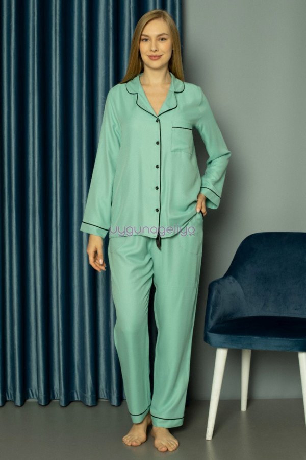 Turkuaz Yeşil Renk Önden Düğmeli Teknur 2481 Dokuma Kumaş Uzun Kol Kadın Pijama Takımı Turkuaz Yeşil Renk Önden Düğmeli Teknur 2481 Dokuma Kumaş Uzun Kol Kadın Pijama Takımı, Teknur-2481, Teknur Pijama Takımı