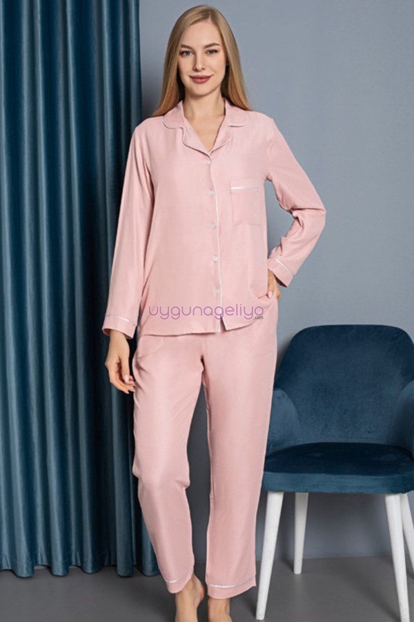 Pembe Renk Önden Düğmeli Teknur 2482 Dokuma Kumaş  Uzun Kol Kadın Pijama Takımı, Teknur-2482, Teknur Pijama Takımı