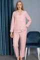 Pembe Renk Önden Düğmeli Teknur 2482 Dokuma Kumaş  Uzun Kol Kadın Pijama Takımı