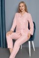 Pembe Renk Önden Düğmeli Teknur 2482 Dokuma Kumaş  Uzun Kol Kadın Pijama Takımı, Teknur-2482, Teknur Pijama Takımı